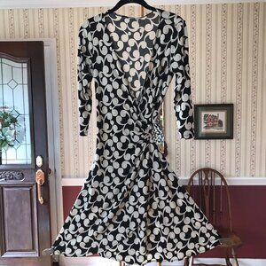 London Times True Wrap Dress Black White Print Stretch